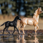 Breyer Traditional Encore and Tor Gift Set running in blurred water and wooded background