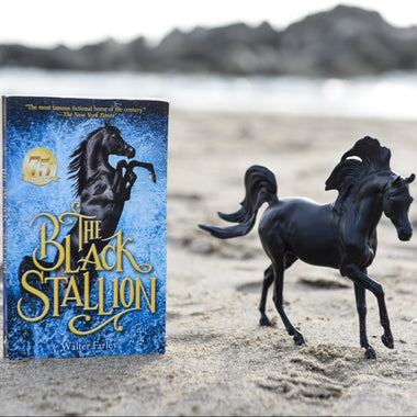 Breyer Freedom Series The Black Stallion Horse and Book Set on blurred beach background