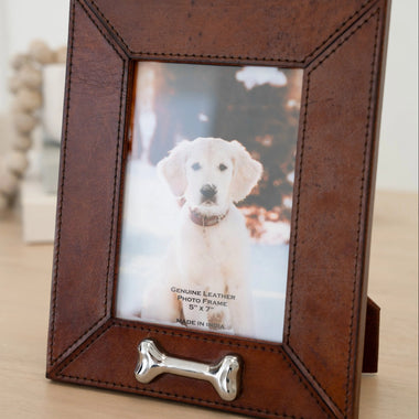 Pet Leather Picture Frame With Silver Bone Accent