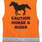 back of orange vest says caution horse and rider